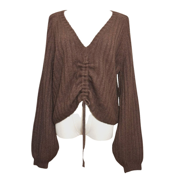 Versona Chocolate Brown Fuzzy Cinched V Neck Balloon Sleeve Boho Sweater XL - Picture 1 of 7
